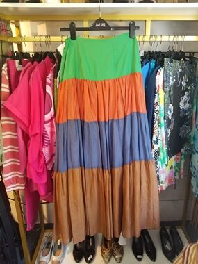 Kaos Tiered Maxi Skirt in Green, Orange, Blue & Brown